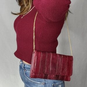 Vintage maroon faux snake print rectangular snap flap fold over gold chain purse